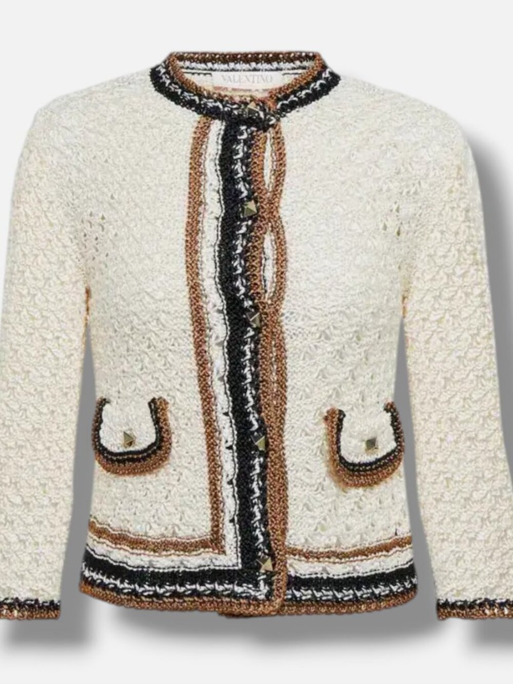 Valentino Women's Ivory Open Crochet-Knit Button Up Cardigan Sweater Size M